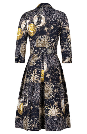 Audrey Dress #1 Shirt Collar 3/4 Sleeve Long Length Cotton Stretch (Celestial Moon)