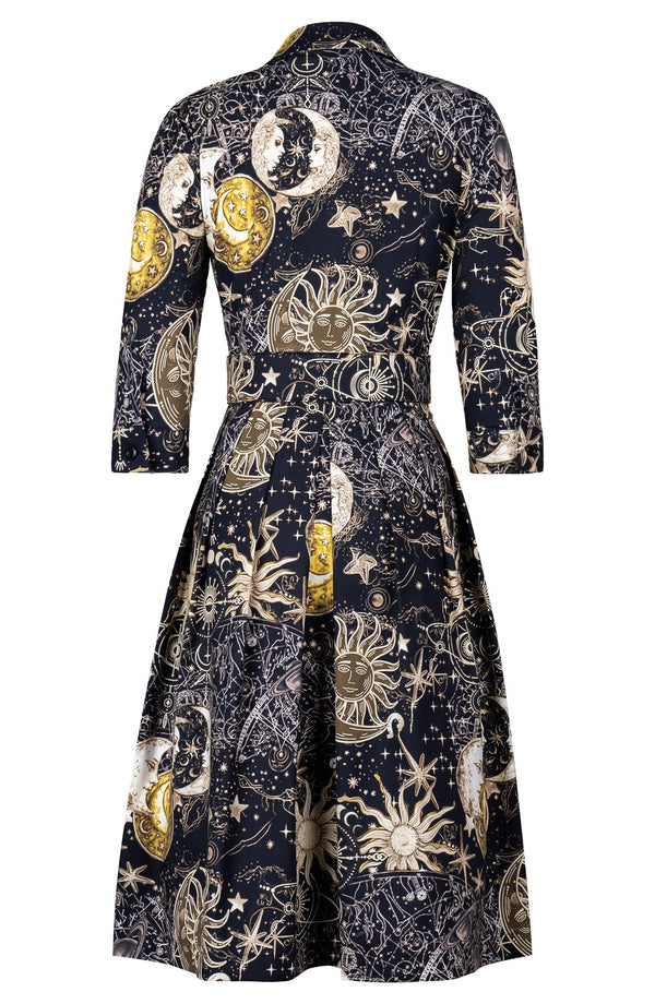 Audrey Dress #1 Shirt Collar 3/4 Sleeve Long Length Cotton Stretch (Celestial Moon)