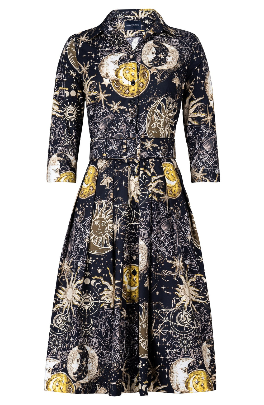 Audrey Dress #1 Shirt Collar 3/4 Sleeve Long Length Cotton Stretch (Celestial Moon)