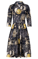 Audrey Dress #1 Shirt Collar 3/4 Sleeve Long Length Cotton Stretch (Celestial Moon)