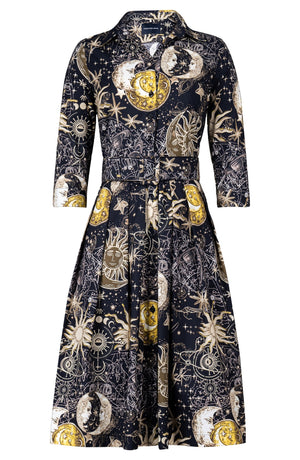 Audrey Dress #1 Shirt Collar 3/4 Sleeve Long Length Cotton Stretch (Celestial Moon)