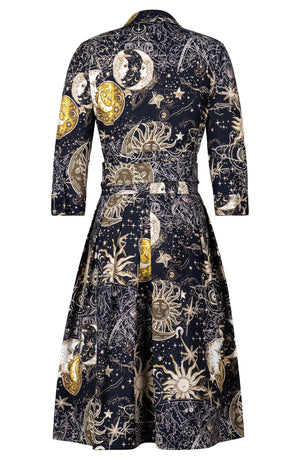 Audrey Dress #1 Shirt Collar 3/4 Sleeve Long Length Cotton Stretch (Celestial Moon)