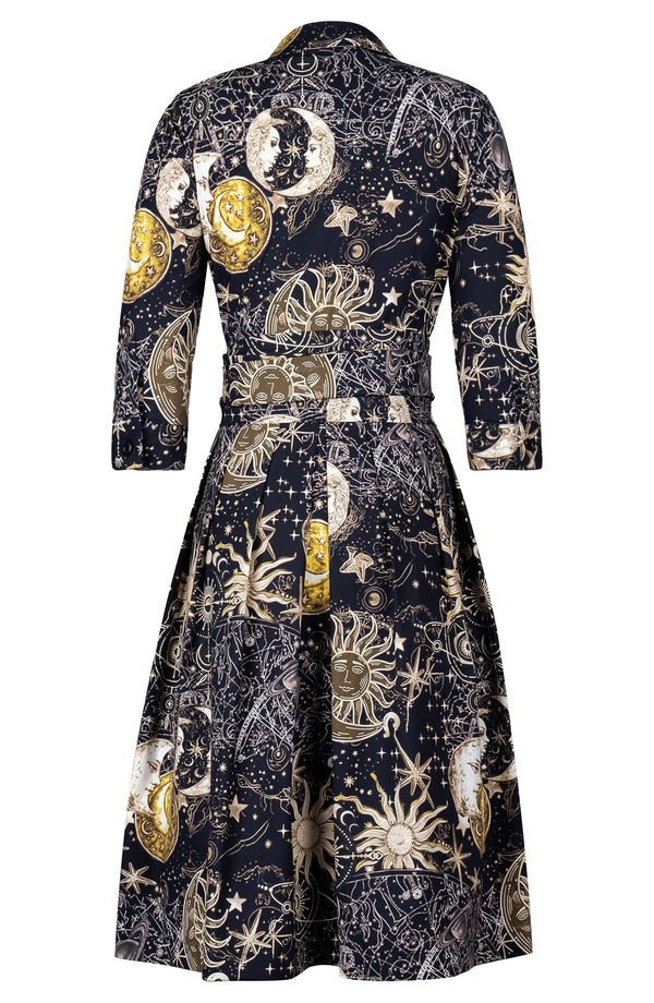 Audrey Dress #1 Shirt Collar 3/4 Sleeve Long Length Cotton Stretch (Celestial Moon)