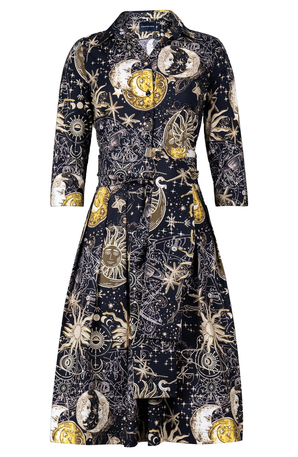 Audrey Dress #1 Shirt Collar 3/4 Sleeve Long Length Cotton Stretch (Celestial Moon)