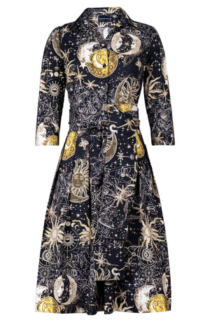 Audrey Dress #1 Shirt Collar 3/4 Sleeve Long Length Cotton Stretch (Celestial Moon)