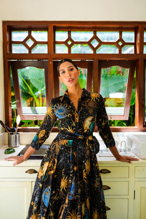 Audrey Dress #4 Shirt Collar 3/4 Sleeve Midi Length Wool (Celestial Moon)