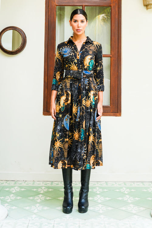 Audrey Dress #4 Shirt Collar 3/4 Sleeve Midi Length Wool (Celestial Moon)