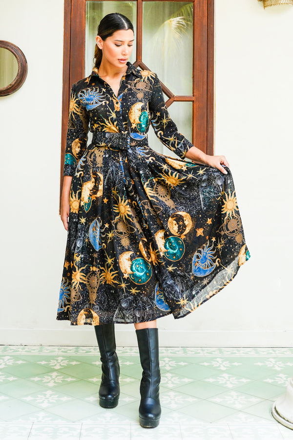 Audrey Dress #4 Shirt Collar 3/4 Sleeve Midi Length Wool (Celestial Moon)