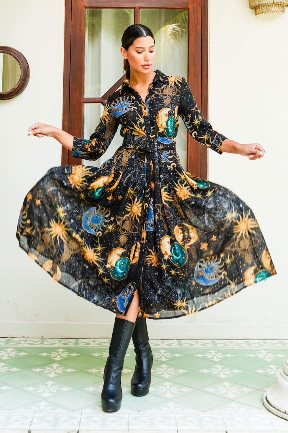 Audrey Dress #4 Shirt Collar 3/4 Sleeve Midi Length Wool (Celestial Moon)