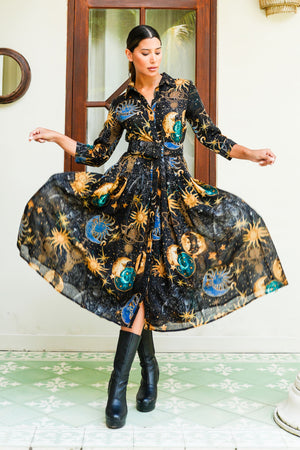 Audrey Dress #4 Shirt Collar 3/4 Sleeve Midi Length Wool (Celestial Moon)