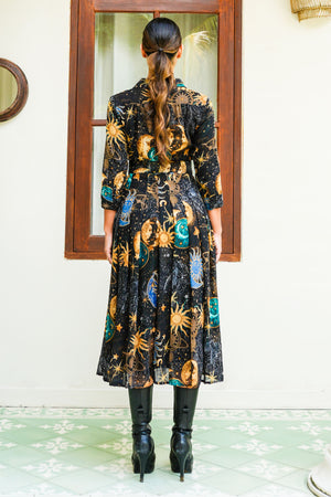Audrey Dress #4 Shirt Collar 3/4 Sleeve Midi Length Wool (Celestial Moon)