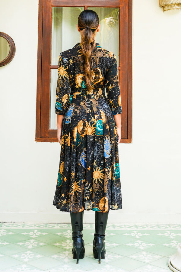 Audrey Dress #4 Shirt Collar 3/4 Sleeve Midi Length Wool (Celestial Moon)