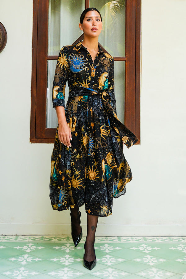 Audrey Dress #4 Shirt Collar 3/4 Sleeve Midi Length Wool (Celestial Moon)