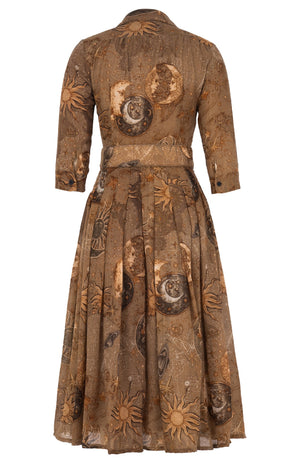 Audrey Dress #4 Shirt Collar 3/4 Sleeve Midi Length Wool (Celestial Moon) - Khaki
