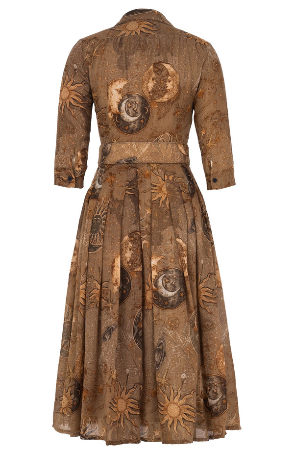 Audrey Dress #4 Shirt Collar 3/4 Sleeve Midi Length Wool (Celestial Moon) - Khaki