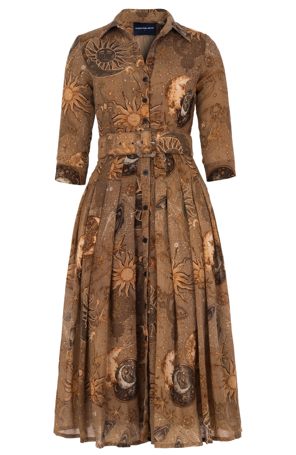 Audrey Dress #4 Shirt Collar 3/4 Sleeve Midi Length Wool (Celestial Moon) - Khaki