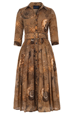 Audrey Dress #4 Shirt Collar 3/4 Sleeve Midi Length Wool (Celestial Moon) - Khaki