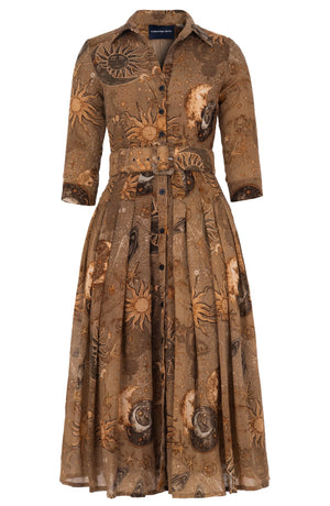 Audrey Dress #4 Shirt Collar 3/4 Sleeve Midi Length Wool (Celestial Moon) - Khaki