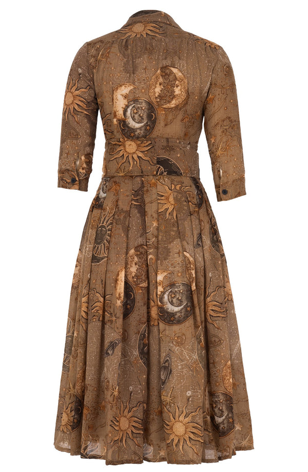 Audrey Dress #4 Shirt Collar 3/4 Sleeve Midi Length Wool (Celestial Moon) - Khaki
