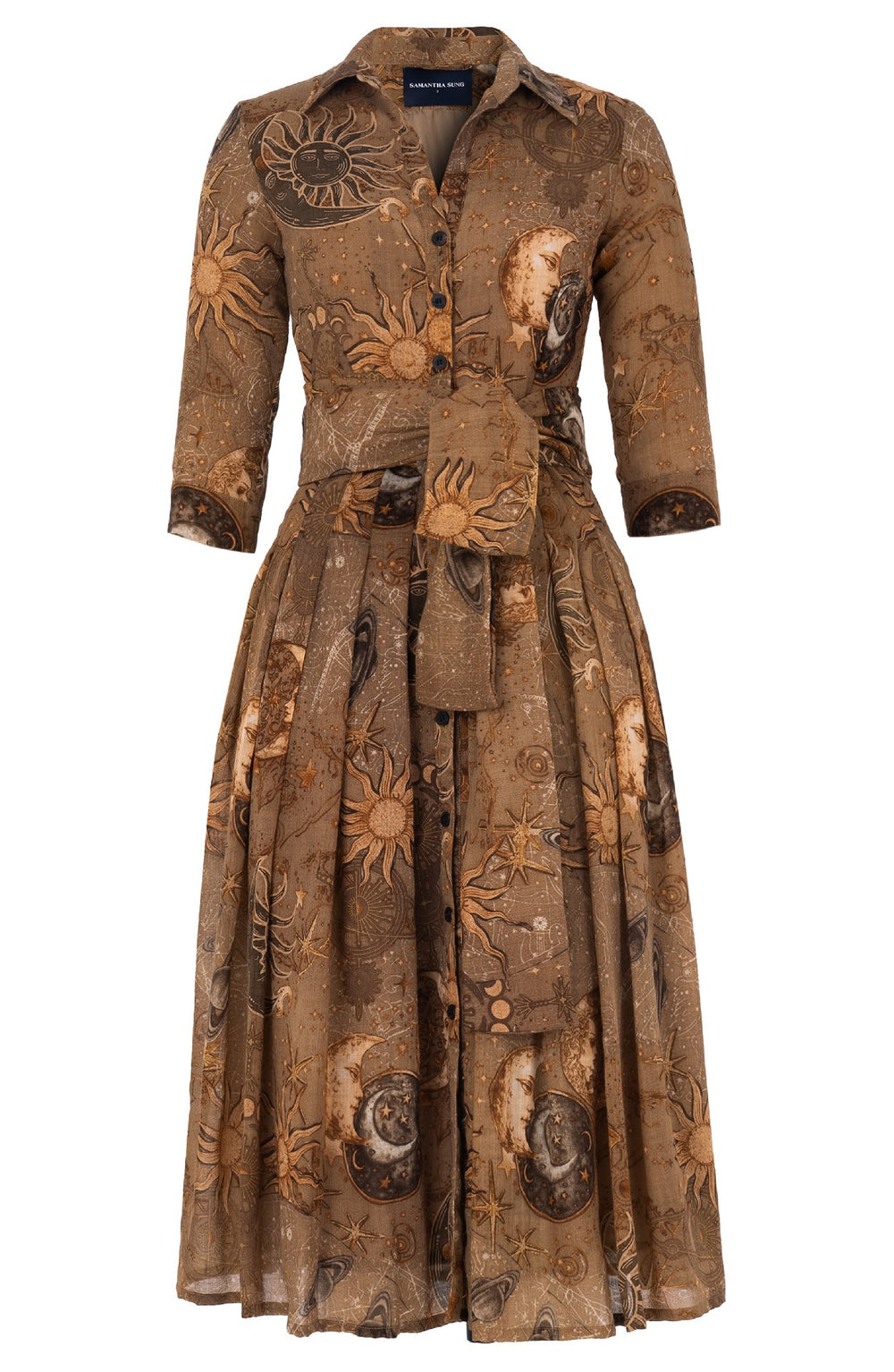 Audrey Dress #4 Shirt Collar 3/4 Sleeve Midi Length Wool (Celestial Moon) - Khaki