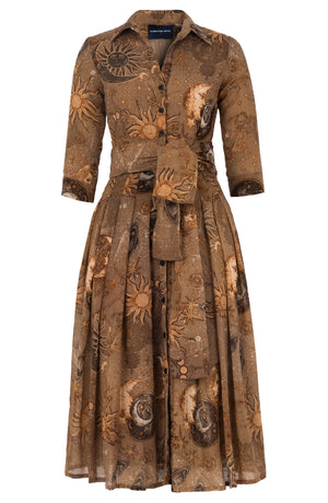 Audrey Dress #4 Shirt Collar 3/4 Sleeve Midi Length Wool (Celestial Moon) - Khaki