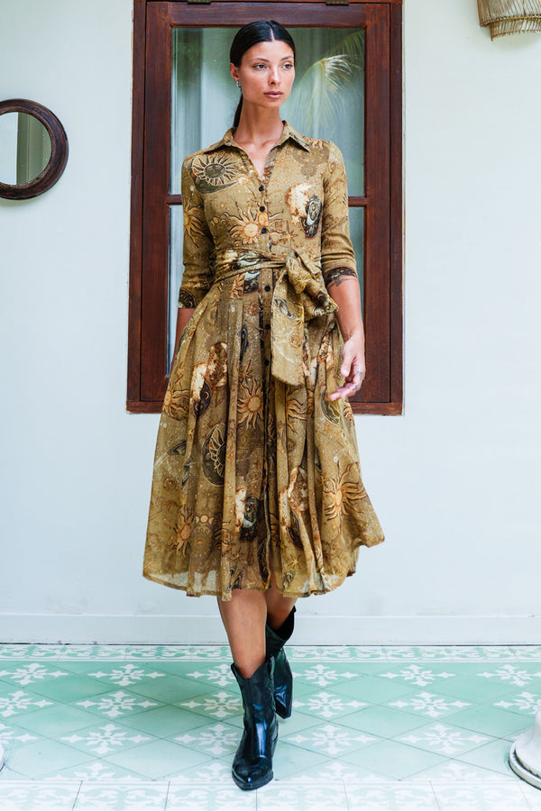 Audrey Dress #4 Shirt Collar 3/4 Sleeve Midi Length Wool (Celestial Moon)