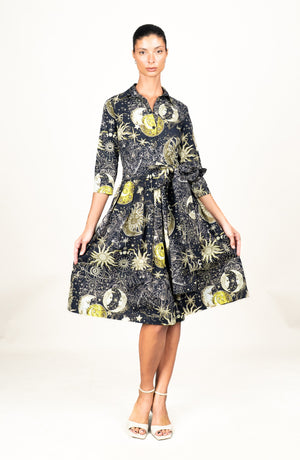 Audrey Dress #1 Shirt Collar 3/4 Sleeve Long Length Cotton Stretch (Celestial Moon)