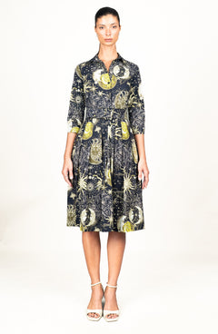 Audrey Dress #1 Shirt Collar 3/4 Sleeve Long Length Cotton Stretch (Celestial Moon)