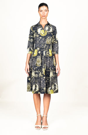 Audrey Dress #1 Shirt Collar 3/4 Sleeve Long Length Cotton Stretch (Celestial Moon)