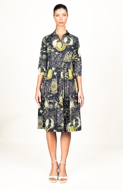 Audrey Dress #1 Shirt Collar 3/4 Sleeve Long Length Cotton Stretch (Celestial Moon)