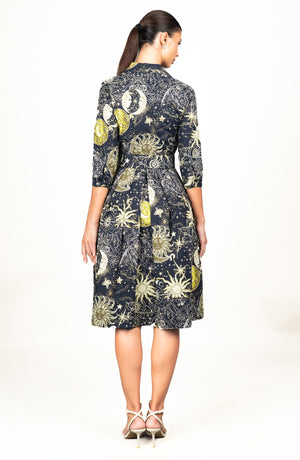 Audrey Dress #1 Shirt Collar 3/4 Sleeve Long Length Cotton Stretch (Celestial Moon)