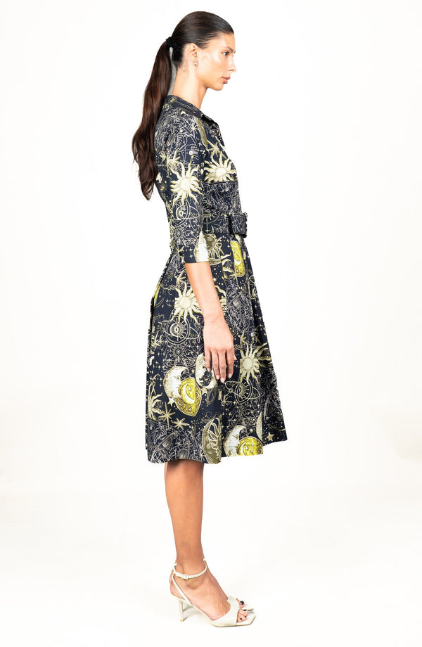 Audrey Dress #1 Shirt Collar 3/4 Sleeve Long Length Cotton Stretch (Celestial Moon)