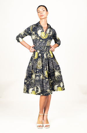 Audrey Dress #1 Shirt Collar 3/4 Sleeve Long Length Cotton Stretch (Celestial Moon)