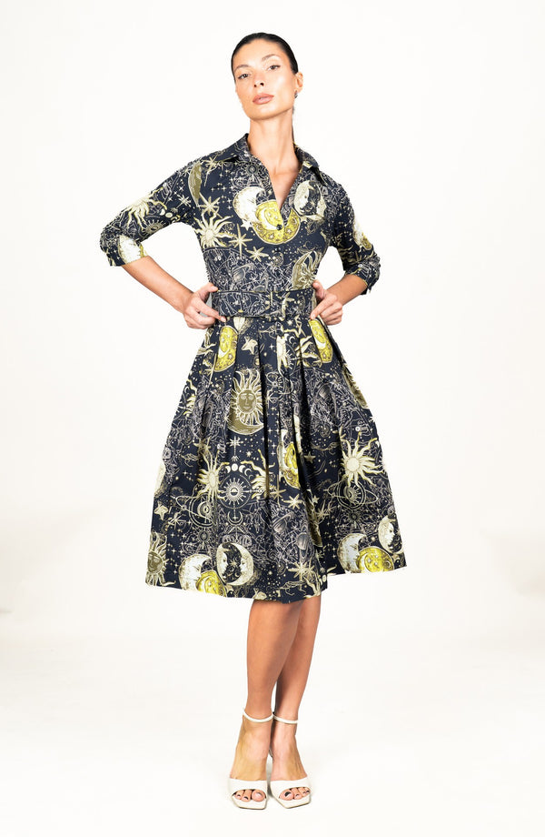 Audrey Dress #1 Shirt Collar 3/4 Sleeve Long Length Cotton Stretch (Celestial Moon)