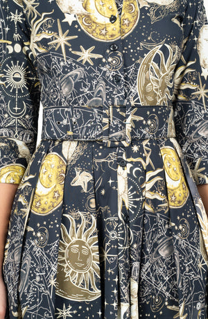 Audrey Dress #1 Shirt Collar 3/4 Sleeve Long Length Cotton Stretch (Celestial Moon)