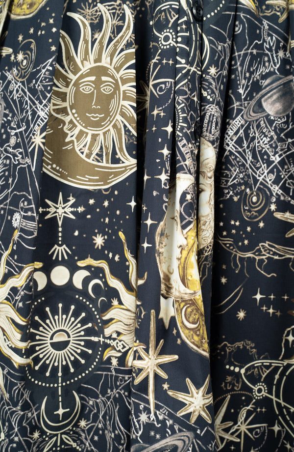 Audrey Dress #1 Shirt Collar 3/4 Sleeve Long Length Cotton Stretch (Celestial Moon)