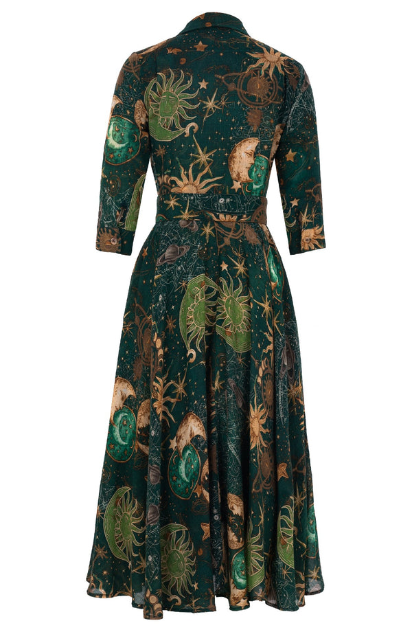 Amber Dress Shirt Collar 3/4 Sleeve Midi Plus Length Wool (Celestial Moon) - Forest Green