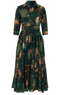Amber Dress Shirt Collar 3/4 Sleeve Midi Plus Length Wool (Celestial Moon) - Forest Green