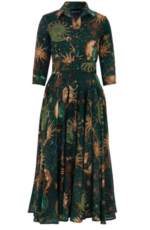 Amber Dress Shirt Collar 3/4 Sleeve Midi Plus Length Wool (Celestial Moon) - Forest Green