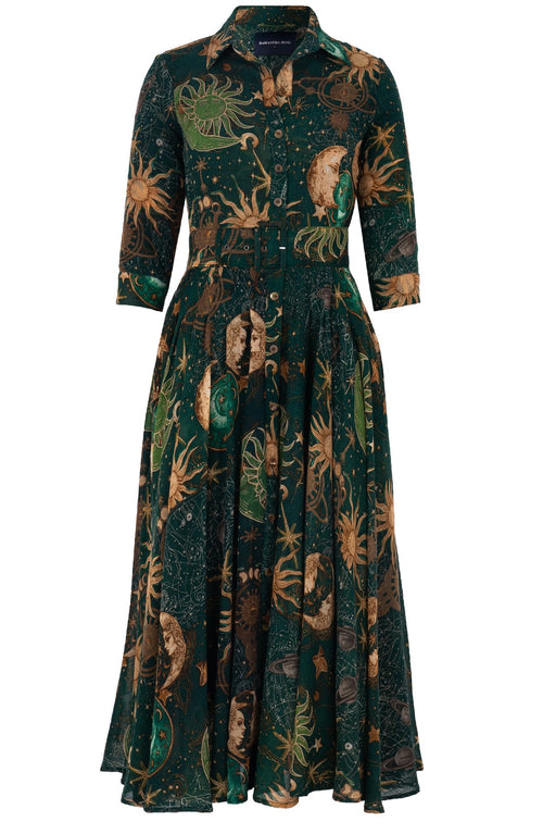 Amber Dress Shirt Collar 3/4 Sleeve Midi Plus Length Wool (Celestial Moon) - Forest Green