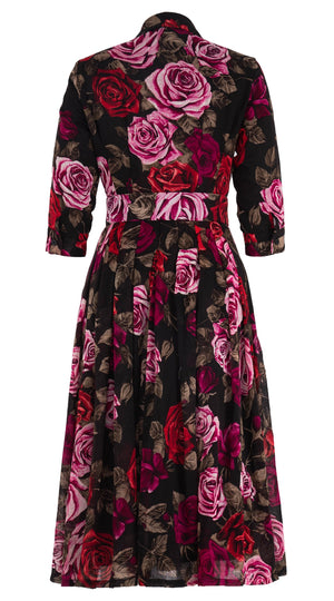 Audrey Dress #4 Shirt Collar 3/4 Sleeve Midi Length Wool Musola (Charlotte Rose Big Dark) - Sepia Raspberry