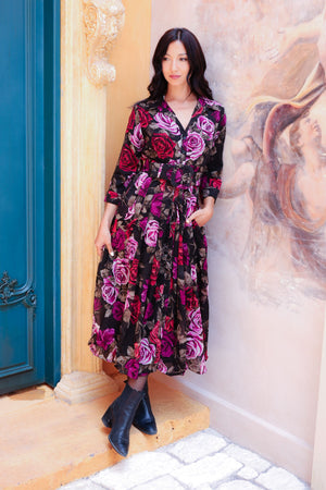 Audrey Dress #4 Shirt Collar 3/4 Sleeve Midi Length Wool (Charlotte Rose Big Dark) - Sepia Raspberry