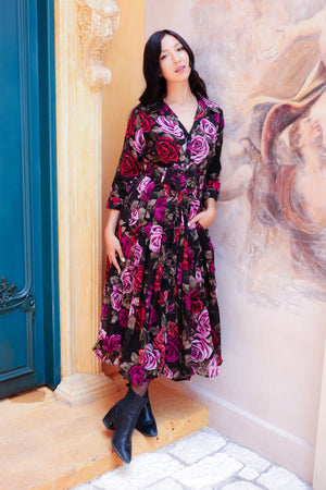 Audrey Dress #4 Shirt Collar 3/4 Sleeve Midi Length Wool (Charlotte Rose Big Dark) - Sepia Raspberry