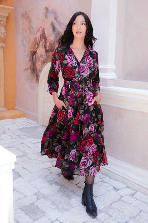 Audrey Dress #4 Shirt Collar 3/4 Sleeve Midi Length Wool (Charlotte Rose Big Dark) - Sepia Raspberry