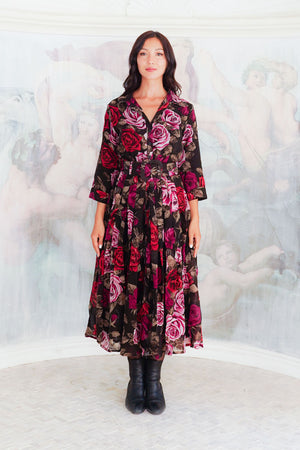 Audrey Dress #4 Shirt Collar 3/4 Sleeve Midi Length Wool (Charlotte Rose Big Dark) - Sepia Raspberry