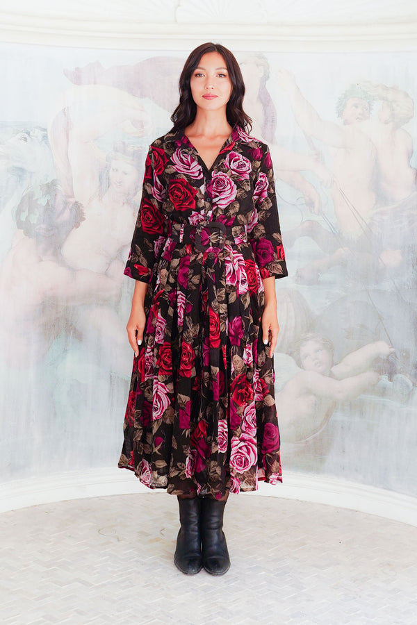 Audrey Dress #4 Shirt Collar 3/4 Sleeve Midi Length Wool (Charlotte Rose Big Dark) - Sepia Raspberry