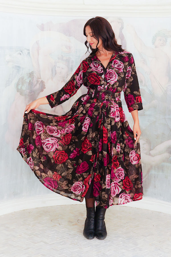 Audrey Dress #4 Shirt Collar 3/4 Sleeve Midi Length Wool (Charlotte Rose Big Dark) - Sepia Raspberry