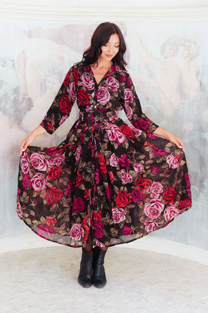 Audrey Dress #4 Shirt Collar 3/4 Sleeve Midi Length Wool (Charlotte Rose Big Dark) - Sepia Raspberry