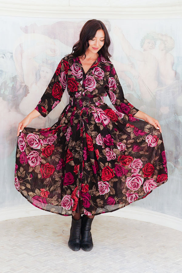 Audrey Dress #4 Shirt Collar 3/4 Sleeve Midi Length Wool (Charlotte Rose Big Dark) - Sepia Raspberry