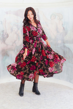 Audrey Dress #4 Shirt Collar 3/4 Sleeve Midi Length Wool (Charlotte Rose Big Dark) - Sepia Raspberry